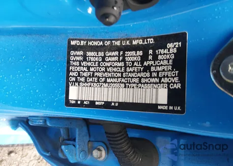 2021 Honda Civic Type R Touring z USA, uszkodzony, nr VIN SHHFK8G72MU205539